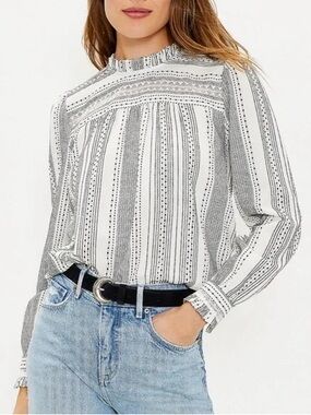 Loft Dobby lace trim ruffled cotton striped top size large